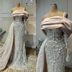 Elegant Evening Crystal Long Mermaid Pearls Sequins Sleeves Formal Party Prom Dress Pleats Sweep Train Dresses For Special Ocn es