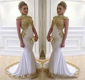 Saudi Arabia vestido Gold Applique Beads блестящие русалку вечерние платья с высоким рукавом белые платья Dubai Long Prom4344576