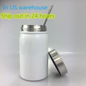 US Warehouse 500 ml sublimering Mason burk muggar rostfritt stål kaffekopp bärbar värmeisolering tumbler dammsäker flaska med metall lock halm b6 240a