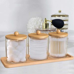 Cosmetic Organizer 3/6Pcs Qtip stand dispenser with bamboo cover transparent acrylic bathroom jar tray for reusable storage of makeup cotton swab balls Q240429