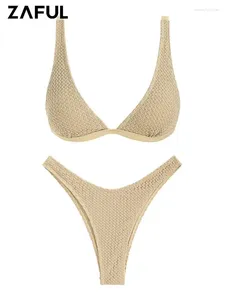 Costumi da bagno femminile zaful costume da nuoto a colore solido gamba focosa a maglia testurizzata triangolo a due pezzi set di bikini set da donna bikini