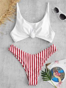 Women's Swimwear Sexy Micro Bikini 2022 Women Swimsuit Scoop Neck Striped Swimwear Knot Bow Fringe Summer Beachwear Bathing Suit Push Up Biquini Y240429