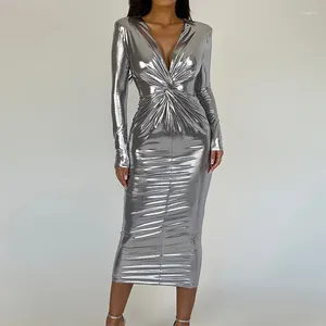 Casual Dresses Elegant Glitter Metallochrome Twist Long Dress Women Sexy Deep V Neck Sleeve Bodycon Clubwear Party Robe Femme 2024