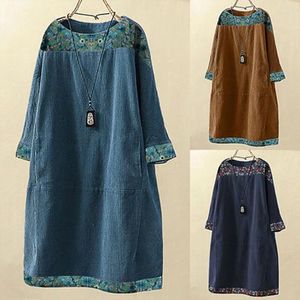 Casual Dresses Autumn Plus Size Dress 5xl 6xl 7xl Fashion Women's Round Neck Long Sleeve Pocket Corduroy tryckt