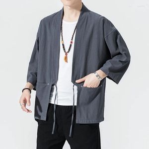 Men's Casual Shirts Men Chinese Style Mens Tops 3/4 Sleeve Solid Traditional China Type Hanfu Kimono Shirt Male Loose Plus M-5XL