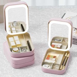 Cosmetic Organizer LED travel mirror box with makeup bag fashionable womens storage simple and portable Q240429