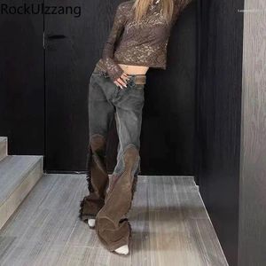 Women's Jeans Patchwork Brown Gray Colorblock Flare Denim Pant Bootcut Bell Bottom Women Long Trouser High Waist Fashion Casual Y2k Slim