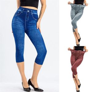 Kvinnors jeans sommar kvinnor mode hög midja mager knä längd denim capri byxor