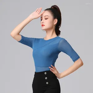 Stage Wear Women Latin Dance Tops Fashion Sexy Mesh Shirt Practice Clothes Ballroom Dancing Profession Performance Female Clothing 4XL