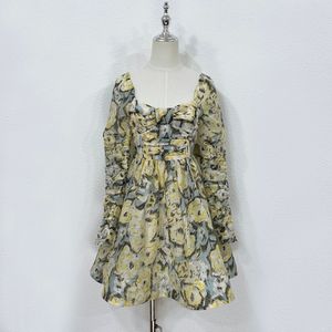 Vestido feminino linho floral de pescoço quadrado de manga longa reunir na cintura mini vestido sem costas