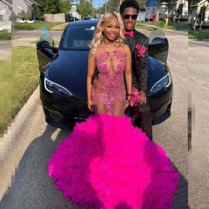 Hot Pink Prom Dress for Black Girls 2024 Rhinestone Feathers Mermaid Party Downs See Through Top Vestidos de Festa 0431