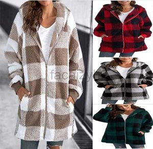 Women's Trench Coats Plush Women's Coat New Long Sleeve Plaid Hooded Zipper Pocket Loose Coat Plus Size Outerwear Coats