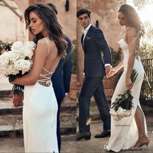 Sexy Beach Boho Mermaid Wedding Dresses Lace Appliques Long Custom Made Spaghetti Back Split Train Bridal Gowns Vestios De Novia 0430