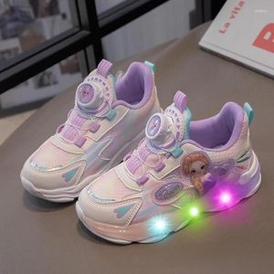 Casual Shoes Girls Leather Rotating Buttons Kid Sneakers LED Flashing Soft Sole Sport Footwear Baby Children Toddler Shoe Trainers