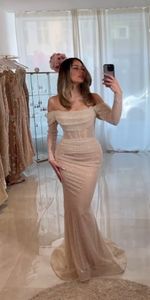 Champagne Sparkly Long Mermaid Evening Formal Party Dresses Off Shoulder Gillter paljetter Prom Gown Vestidos de Noche 2024