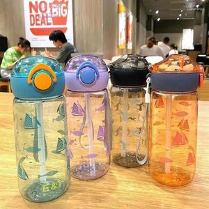 Water Bottles Plastic Cup 580ml Student Portable Straw Bounce Cover Space Outdoor Sports