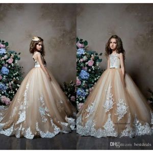 Vestido de bola de capota de renda de champanhe Adorável vestido de jóia Vestido de flor de bola para casamento para meninas 0430