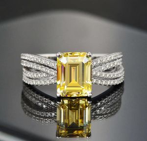 fashion luxury 925 pure Silver Emerald cutting workers make high carbon yellow diamond ring main stone rectangular car flat 7 95359669