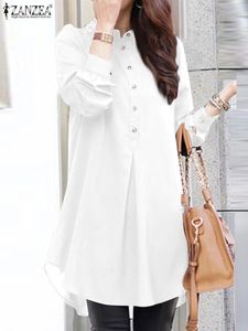 Fashion Long Shirt ZANZEA Women Lapel Long Sleeve Blouse Autumn Solid Button Tops Stylsih Lace Patchwork Blusas Holiday Tunic 240415