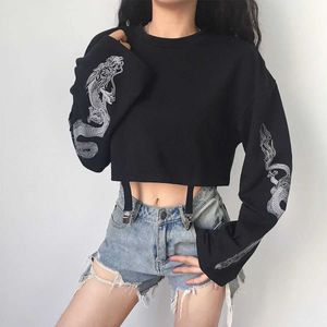 Hoodies للنساء من النوع الثقيل Combhasaki Womens Y2K Retro Gothic قميص طويل الأكمام مع مقاطع تخزين عبر التنين المطبوع قطع فضفاضة topl2404