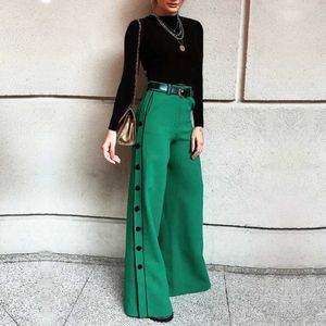 سراويل نسائية Capris Lemongor 2023 Spring Autumn Female Wide Hid Wide H-Line سراويل ألوان صلبة أزياء Grn Button High Perters للنساء Y240429