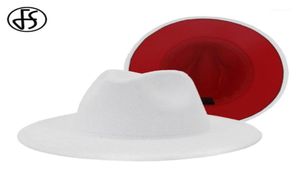 FS White Red Patchwork Wool Feel Jazz Fedora Hat Women Unisex Wide Brim Panama Party Trilby Cowboy Cap Men Gentleman Wedding Hat17764791