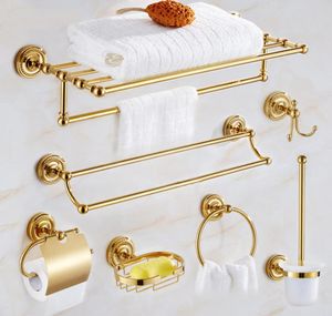 Gold Brass Bath Hardware Conjunto de banheiro Acessórios para banheiro prateleira Soopista de titilhão de papelista DispensRrobe Hook KXZ009 LJ1472576