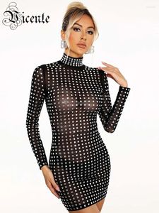 Lässige Kleider VC Abend für Frauen sexy durch Luxus -Strass -Kristall Diamanten schwarzer Netz Mini Kleid Vestido