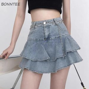 Skirts Mini Skirt Women Denim Summer A-line Sweet Sexy Girl Designed Ruffles High Waist Wrapped Hip Korean Fashion Fairy Kpop Chic
