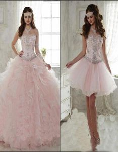 Pink Quinceanera -klänningar med löstagbar kjol 2020 Crystal pärlstav älskling Organza Ruffled Sweet 15 Party Dresses Girls Masquer9300255