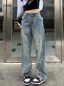 Kvinnors jeans y2k stjärna lapptäck kvinnor streetwear låg stiger rak ben denim last byxor baggy haruku vintage casual jean 90s byxa