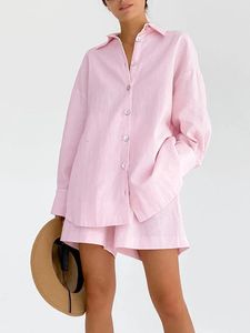Bahar Pamuk Keten Ev Takım Kadınlar için Pembe Geniş Şort Gömlekleri Terozlu Günlük İki Parçalı Set Seti Kadın Pijamaları 240420