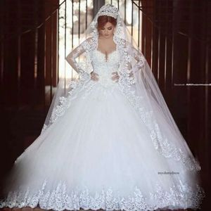 White Tulle Ball Gown Wedding Dresses With Illusion Long Sleeves Off Shoulder Lace Appliques Train Bridal Gowns Vestidos De Novia 2022 0431
