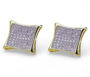 Men Hip Hop Stud Earrings Square Screw Back Shining White Zircon Earrings Gold Plated Vintage Geometric Jewelry Whole1345607