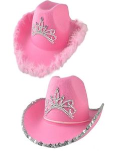 Wide Bim Hut Crown Pink Cowboy Caps Western Cowgirl Hut für Frauen Mädchen Feather Edge glänzende Pailletten Tiara Cowgirl Hats Party Fedor7712487