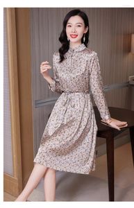 Casual Dresses Silk Dress for Women 18mm Full Sleeve 2024 Spring Midje High-End Satin Floral kjol