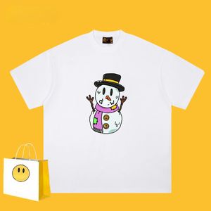 Trendy Brand Smiley Face T-shirts Snowman Print Short Sleeved Heavyweight 260g Cotton Loose Fitting Tees