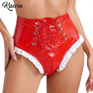 Kvinnors trosor Kvinnor Glossy patentläder Underkläder Frilly Maid Knickers Hög midja Lace-up dragkedja Crotch Underbyxor Sexiga trosor Underkläder