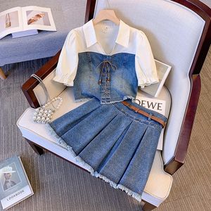 Summer Korea Denim Suit Patchwork قميص أعلى وتنورة مثيرة من قطعتين مجموعة مطابقة للزي أزياء شارع Lage قطعة قماش 240511