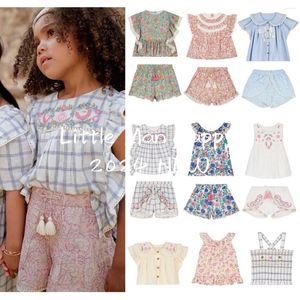 Roupas Conjuntos 2024Ss Primavera/verão LM Girls Sweet Bordery Lace Shirt Shorts Top Short Set Pressed Doll e