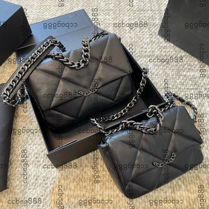 Womens 19 Series Full Black Lambskin Quilted Bags Hardware Interwoven Chain Crossbody Shoulder Handbags With Serial Number Large Capacity Outdoor Purse 19CM/25CM