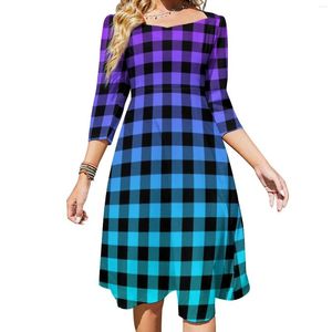 Casual Dresses Black Plaid Print Dress Woman Purple Estetic Kawaii med Bow Spring Big Size Vestido