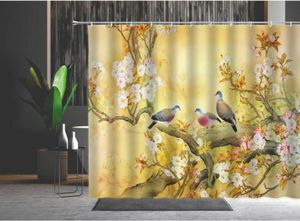 Waterproof Shower Curtain Chinese Style Red Yellow Flowers Bird Machine Washable Bathtub Decoration Bath Curtains With Hooks9466696