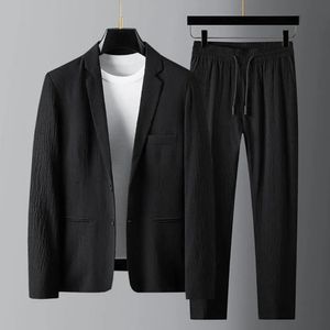 2Pcs Men Blazer Pants Set Spring Fashion Suit Stripe Pleats Long Sleeve Turndown Collar Jacket Drawstring Trousers for Wedding 240426