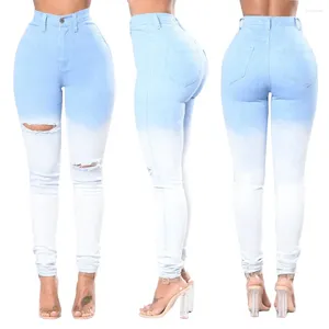 Jeans femininos 2024 Mulheres Sexy Skinny Lápis Pants azul e branco gradiente de desbotamento de colorido de calça jeans casual casual