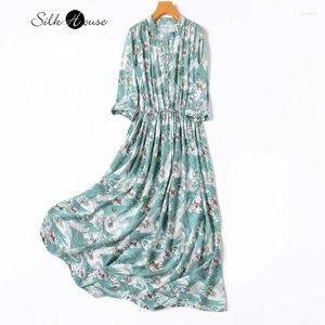 Lässige Kleider 2024 Sommer Erfrischende Kunst 93% natürlicher Maulbeer-Seiden Elastizier Crepe de Chine Stehende Hals A-Line Holiday Style Kleid