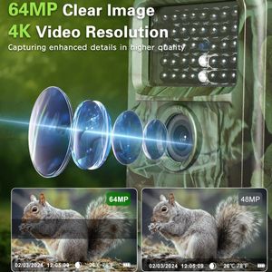4K 64MP Trail Camera bez lśni noktowizor IP67 Wodoodporne polowanie na 2 -calowe ekran do monitorowania dzikiej przyrody na zewnątrz 240423
