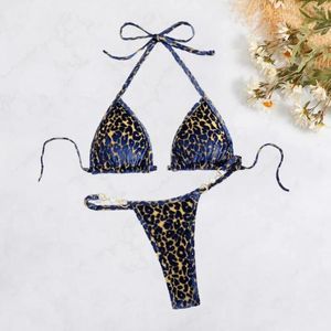 Kvinnors badkläder bikini set med faux pärla dekoration leopard tryck halter pärlor trosor sexig baddräkt för snabb