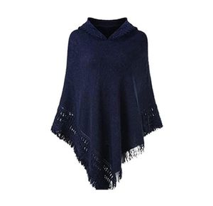 Halsdukar kvinnor vinter stickad huva poncho cape fast färg virkad fransad tofs sjal wrap överdimensionerad pullover mantel tröja1372261