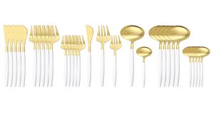 30Pcs White Gold Cutlery Knife Dessert Fork Spoon Dinner Tableware Stainless Steel Dinnerware Kitchen Silverware Set 2011281198738